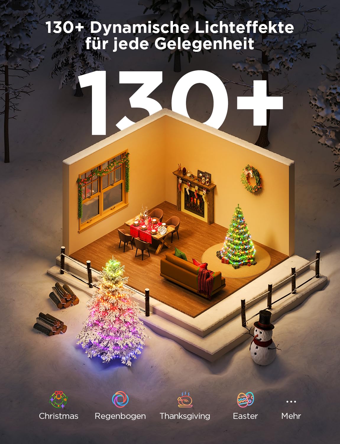Govee RGBWIC Weihnachtsbeleuchtung 20m, Weihnachtslichterkette Außen & Innen mit 200 LEDs für Weihnachtsbaum, 130+ Szenenmodi, Shape Mapping, App Steuerung, Kompatibel mit Matter, Transparentes Kabel