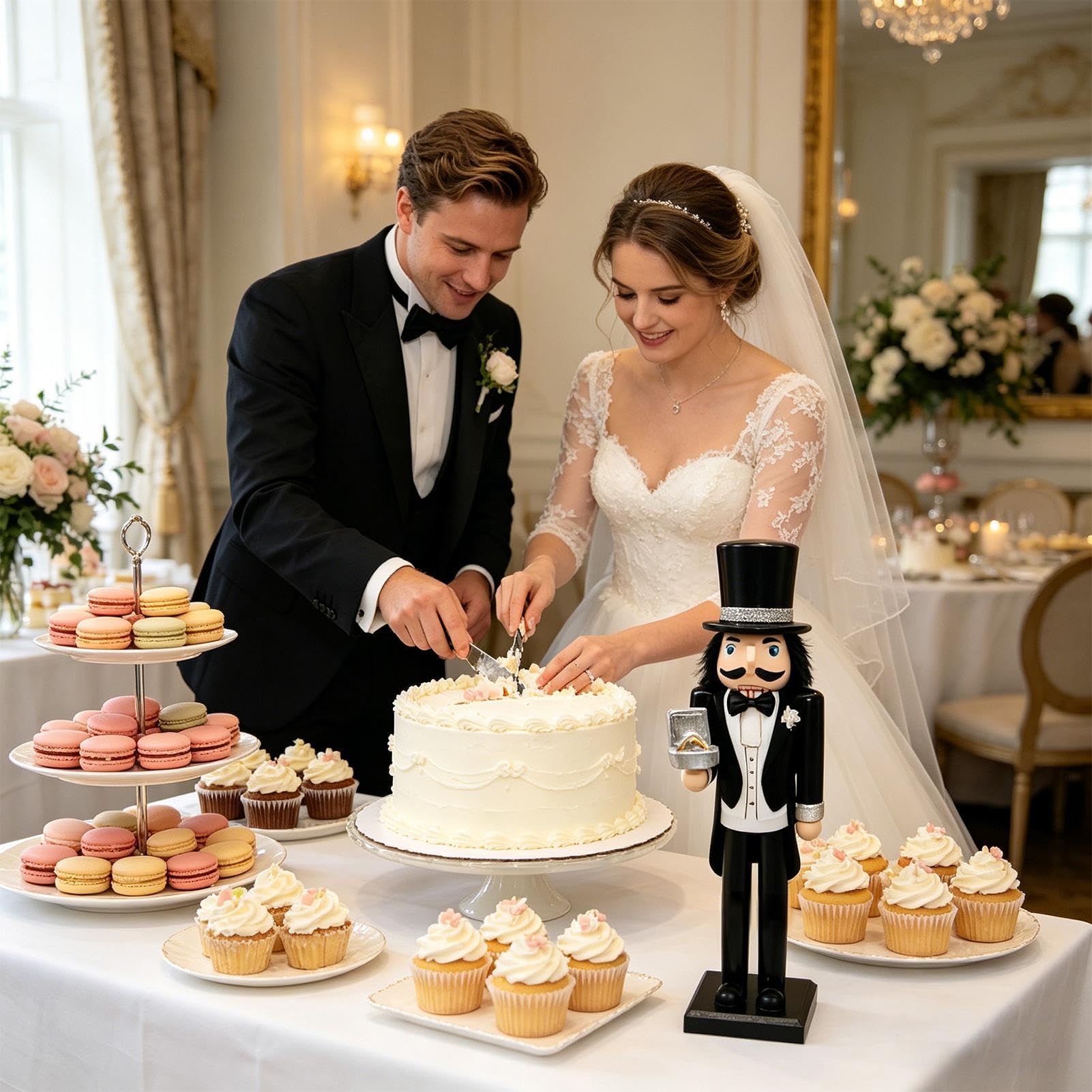 Figurka Dziadka do Orzechów Romantyczna Drewniana Dekoracja Świąteczna | Ślubna Figurka Dziadka do Orzechów Ozdoba Na Salon, Sypialnię, Biuro, Biurko, Półkę, Przedpokój I Stolik