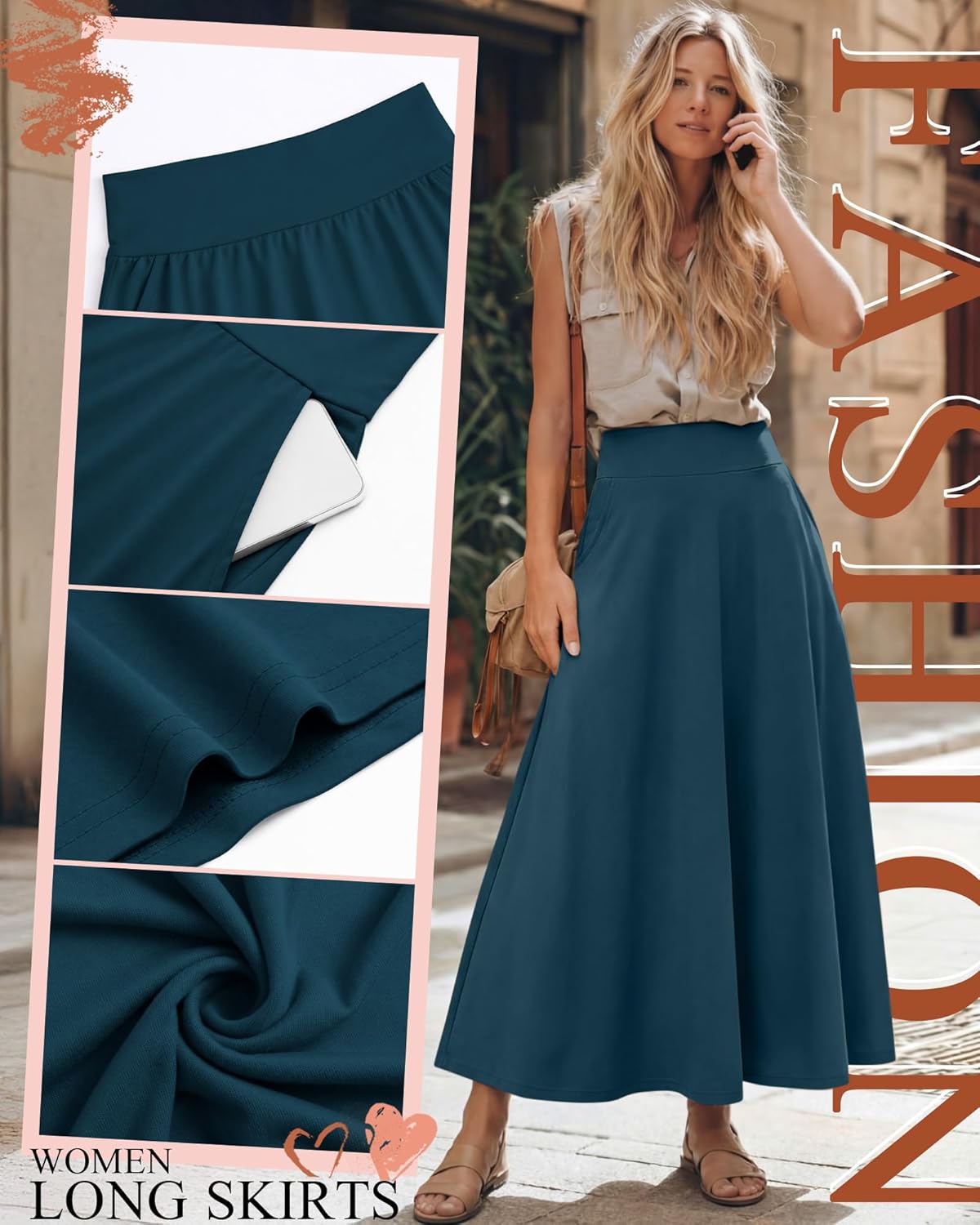 Ficerd 3 Pack Women's Maxi Long Skirts with Pockets, A Line Ankle Length High Waisted Flowy Soft Summer Casual Skirts - Image 3