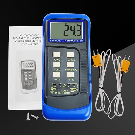 Digital K-Type Thermometer Dual Channel Thermocouple Thermometer with 2 Thermocouples, Measuring Range: -50 to 1300C (-58 to 2372F), High-Temperature Meter Measurement Sensor