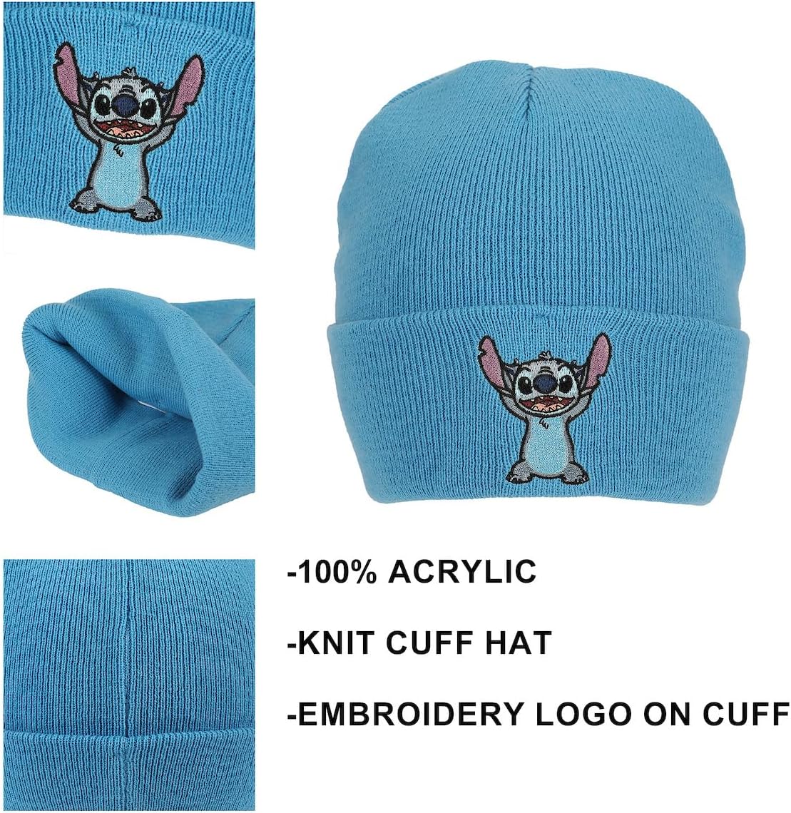 Lilo & Stitch Stitch Embroidery On Acrylic Knit Standard Cuff Beanie - Image 2