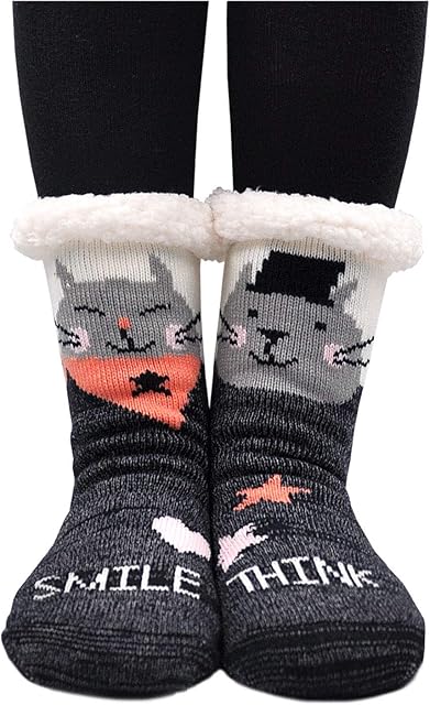 PUTUO Womens Fluffy Slipper Socks Warm Thermal Fleece Lined Indoor Slipper Socks, Cartoon Animals Pattern Bed Socks, Non-Slip
