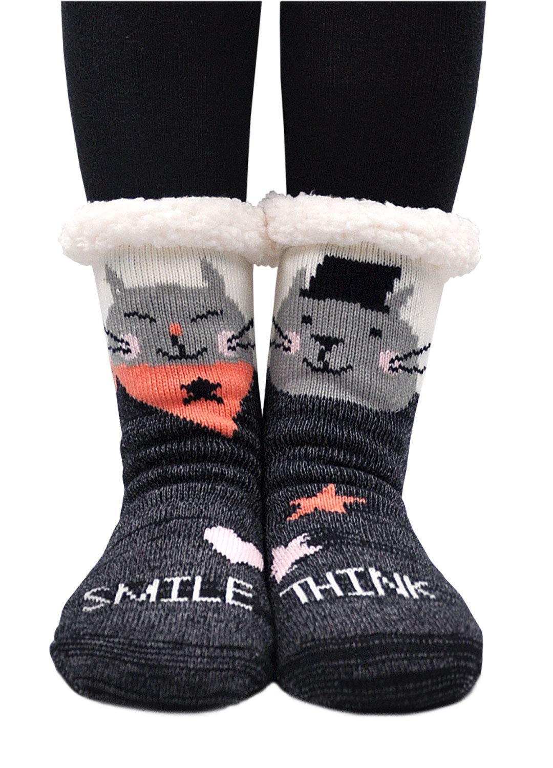 PUTUO Womens Fluffy Slipper Socks Warm Thermal Fleece Lined Indoor Slipper Socks, Cartoon Animals Pattern Bed Socks, Non-Slip 4-9 1pare