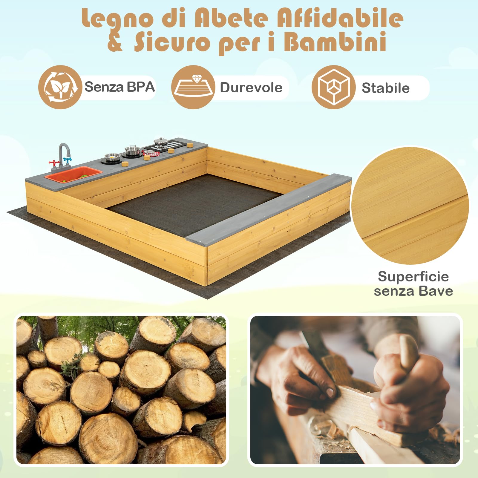 RELAX4LIFE Sabbiera per Bambini, Area Esterna in Legno con Fodera Inferiore, Zona Cucina Creativa, Accessori da Cucina Completi, Seduta a Panca, Sabbiera per Cortile, Spiaggia, Giardino