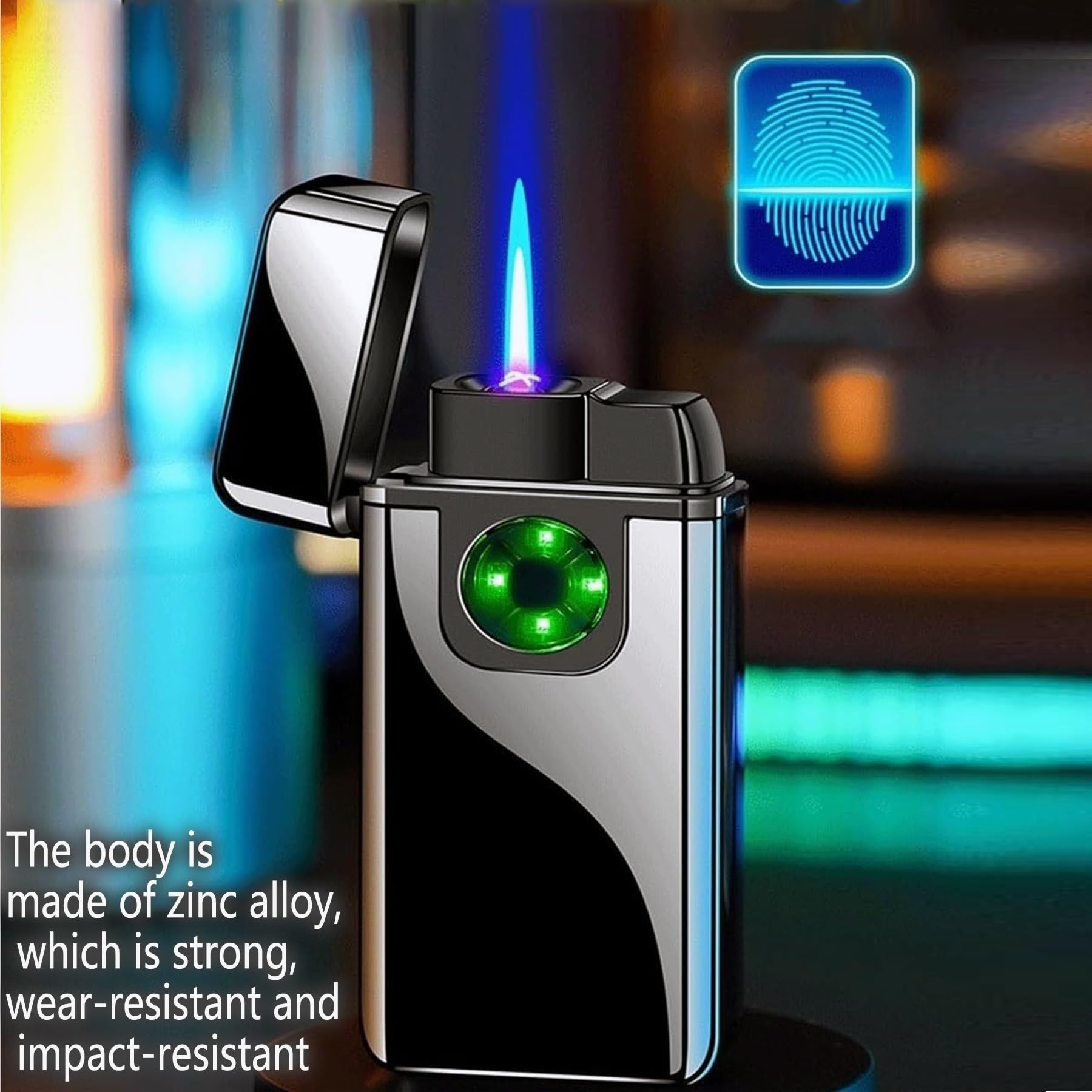 Briquet Coupe-Vent avec Capteur D'empreintes Digitales, Briquet Butane, Flamme Bleue Droite Réglable avec Réservoir De Carburant Visible (Butane Non Inclus)(Black)