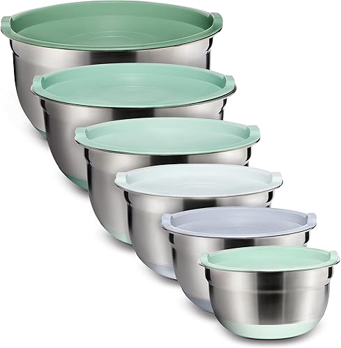 Miniatura 8 de COOK WITH COLOR Tazones para mezclar con tapas herméticas, 6 cuencos de almacenamiento de metal de acero inoxidable, parte inferior antideslizante