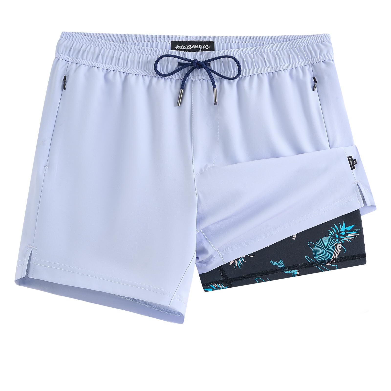 maamgic Mens Swim Trunks with Compression Liner 5 Inch, Quick Dry Bathing Suit with Zipper Pockets, No-Chafing Swim Shorts
