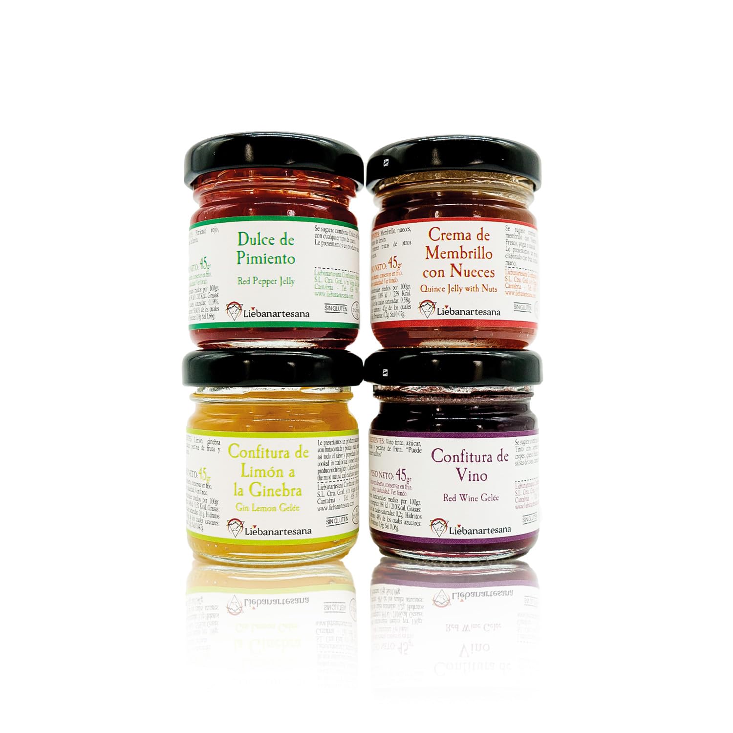 LIEBANARTESANA Pack 4x45g Especial Quesos | Confitura de Vino, Pimiento, Membrillo con Nueces y Limón a la Ginebra | Natural y Tradicional de Cantabria