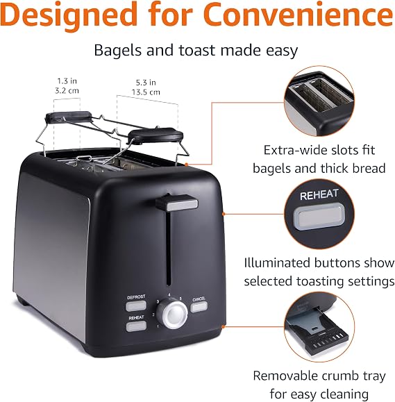 Amazon Basics Toaster 2 Slice with 7 Shade Settings and Removable Crumb Tray, Extra Wide Slots, 800W, Black