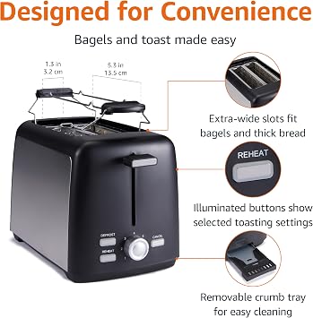 Amazon Basics Toaster 2 Slice with 7 Shade Settings and Removable Crumb Tray, Extra Wide Slots, 800W, Black