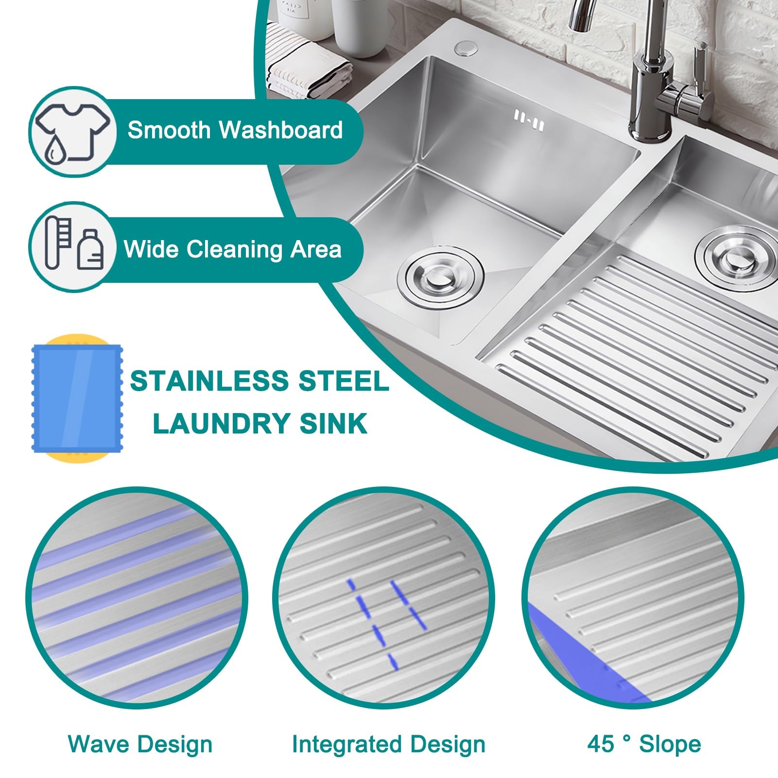 Fregadero de lavandería plateado,fregadero práctico de acero inoxidable para lavandería, lavabo de cubo de lavandería de doble tazón de 22 cm de profundidad, con lavabo facial integrado(Silver-B,80x48