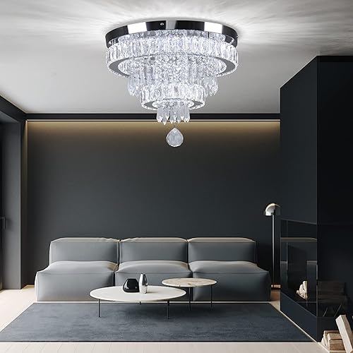 Miniatura 4 de Cainjiazh Lámpara de techo moderna de cristal de 15.7 pulgadas, iluminación colgante LED de acero inoxidable, montaje empotrado, lámparas de techo
