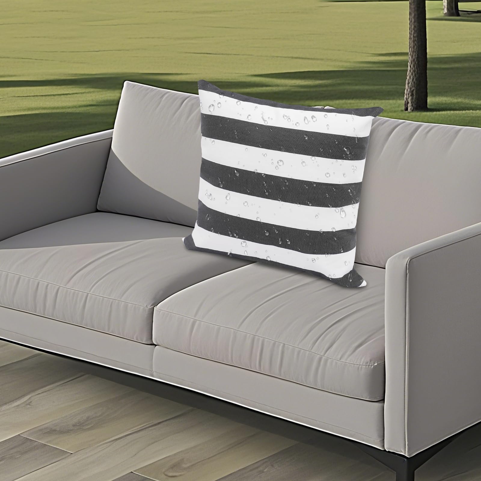 Coussin d’extérieur avec garnissage imperméable Sofakissen 45x45cm, motif rayé, fermeture éclair invisible pour jardin, balcon, canapé et plage (Noir, Blanc)