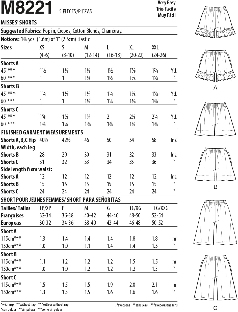 McCall M8221Y Misses' Elastic Waist Shorts Sewing Pattern Kit with Style Variations, Code M8221, Sizes XS-S-M