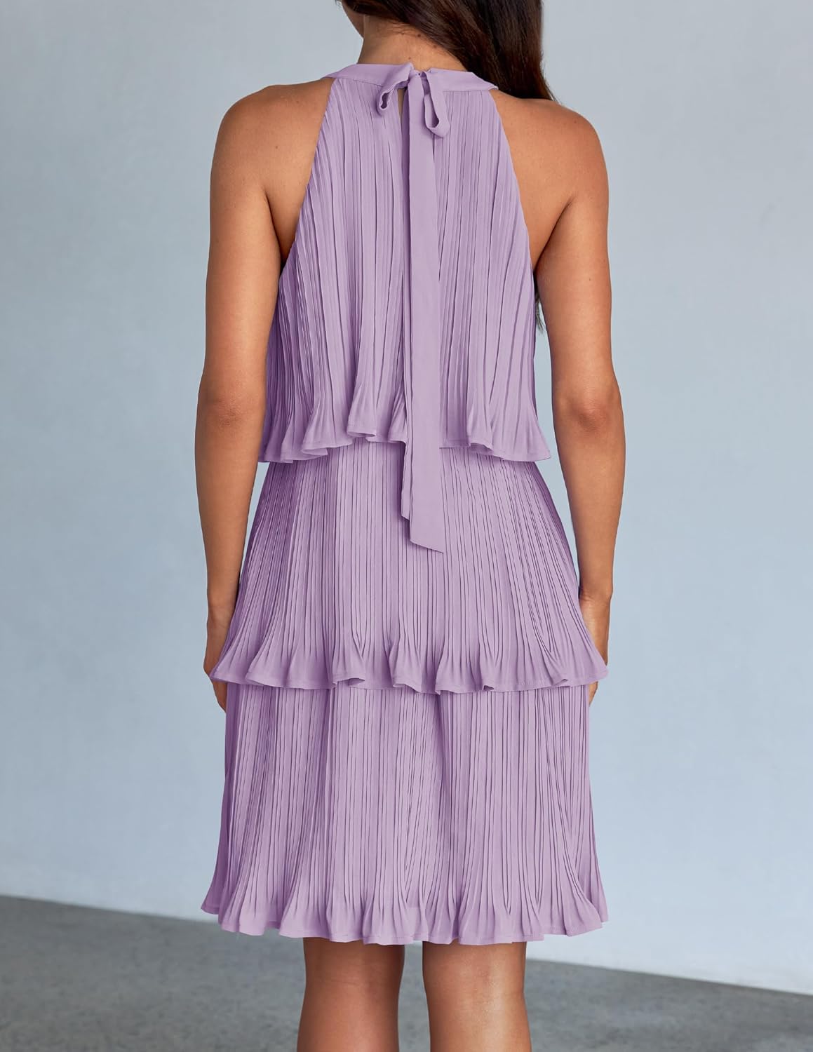 ZESICA Women's 2026 Summer Halter Cocktail Dresses Sleeveless Ruffle Tiered Chiffon Pleated Wedding Guest Mini Dress