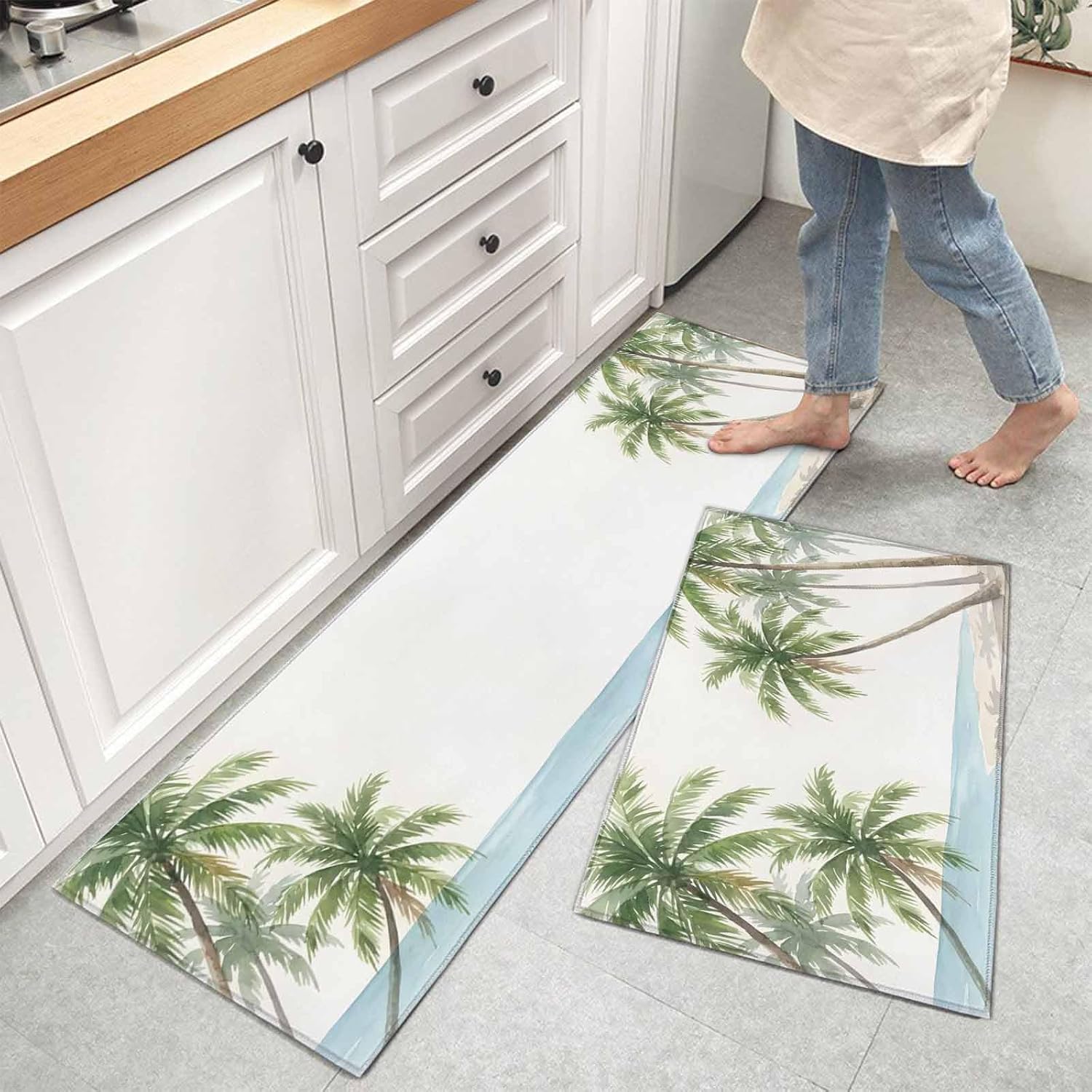 Kitchen Mats for Floor Coastal Olive-green Palm Tree Washable Non Slip Kitchen Rugs 2PCS, Summer Beaches Islands Absorbent Standing Mats for Sink Bathroom Office Living Room 15.7x23.6in+15.7x47.2in
