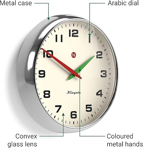 Miniatura 8 de NEWGATE Superstore - Reloj de pared  Reloj de metal retro grande  15.7 in  Acabado cromado  Lente de vidrio convexo  Pieza de diseño para cocina,