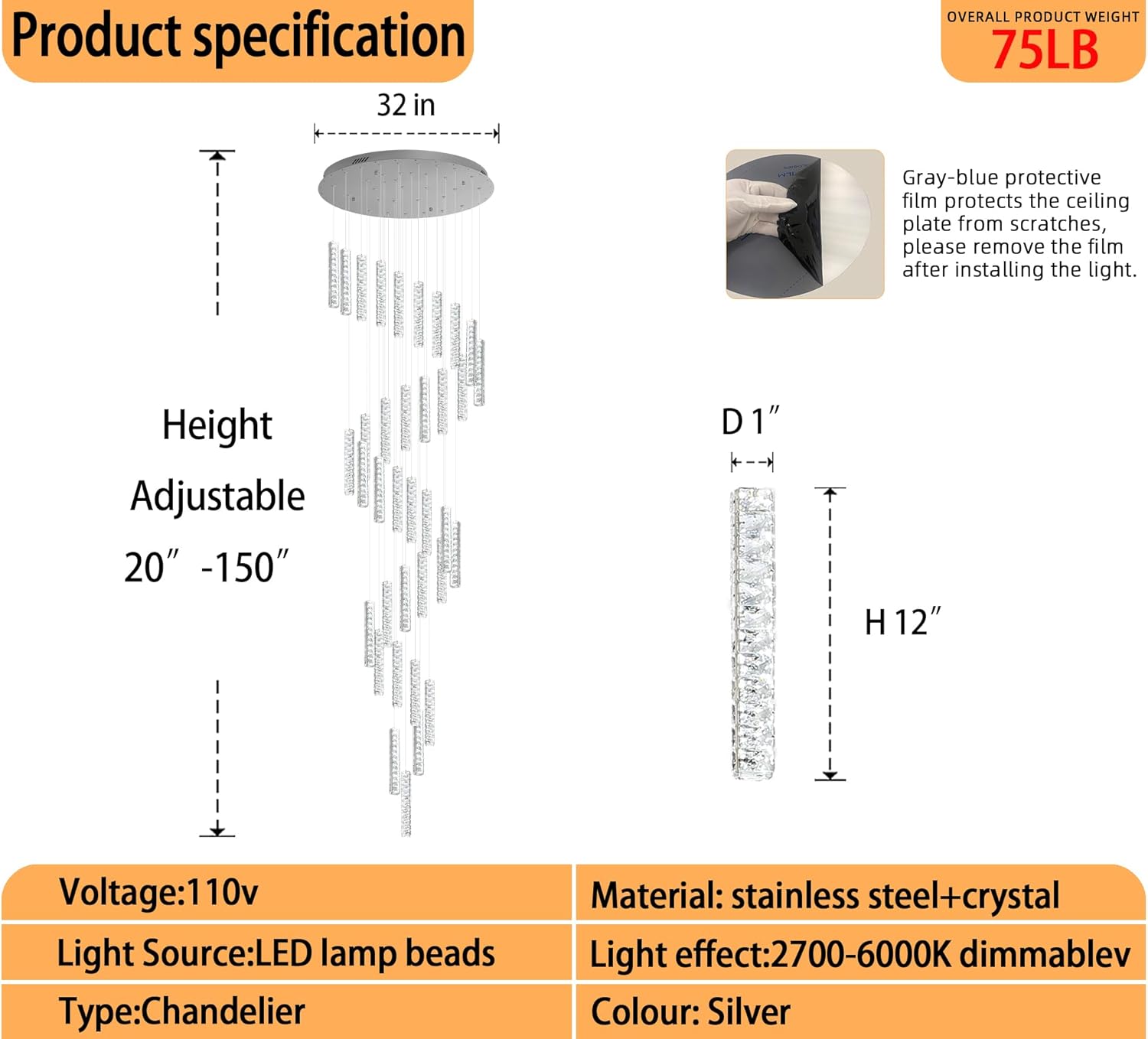 150in Long Crystal Chandelier Large Spiral Stair Chandeliers for High Ceilings Foyer Entryway Flush Mount Ceiling Lights 36-Light Silver LED Dimmbale