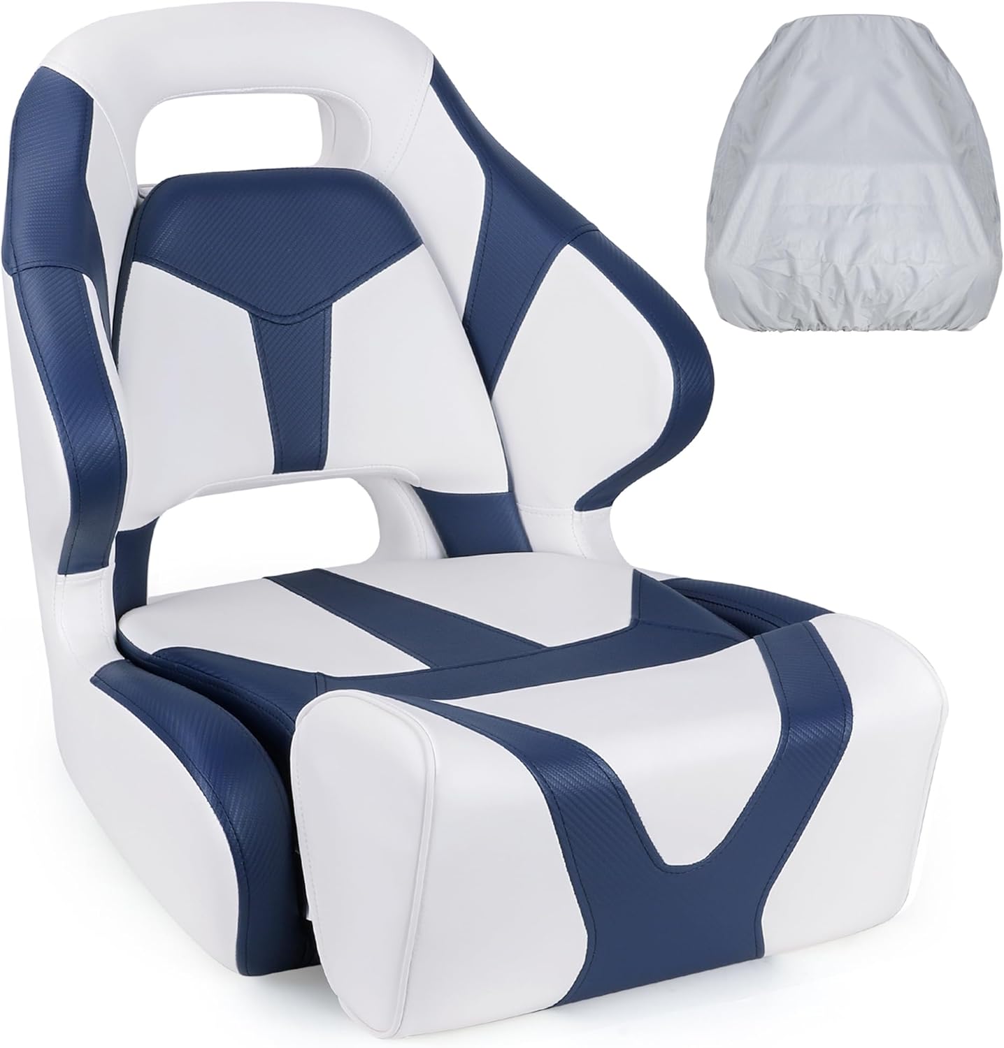Premium Pontoon Boat Seat Bucket Seat with Sport Flip Up Bolster,Captain Chair with Seat Cover,White/Navy Blue