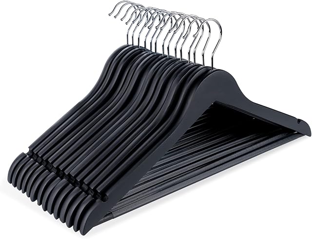 ilauke Sturdy Wooden Coat Hangers20 Pack Strong Black Wooden Hangers for Clothes,Smooth & No Roughness Wood Clothes Hanger with 360°Swivel Hook for Adult Hangers Suits, Trousers, Shirts