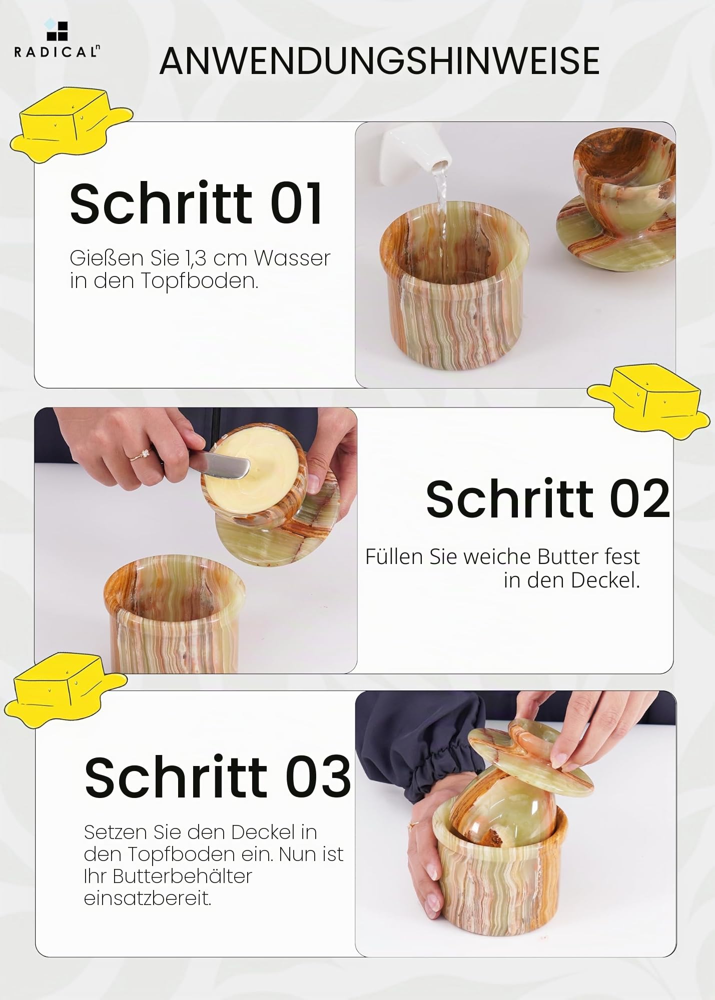 Radicaln Marmor-Butterbehälter, 10,8 cm, grüner Onyx, handgefertigt, Butteraufbewahrungsbehälter, französische Butterdose für Küchenarbeitsplatte und Buttertopf für Theke mit Wasser