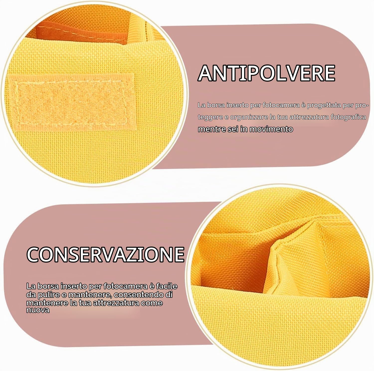 Borsa per inserto per fotocamera Borsa imbottita portatile antiurto impermeabile in spugna nylon per obiettivi per fotocamere SLR con accessori per obiettivi con bastoncino divisorio(L-Giallo)
