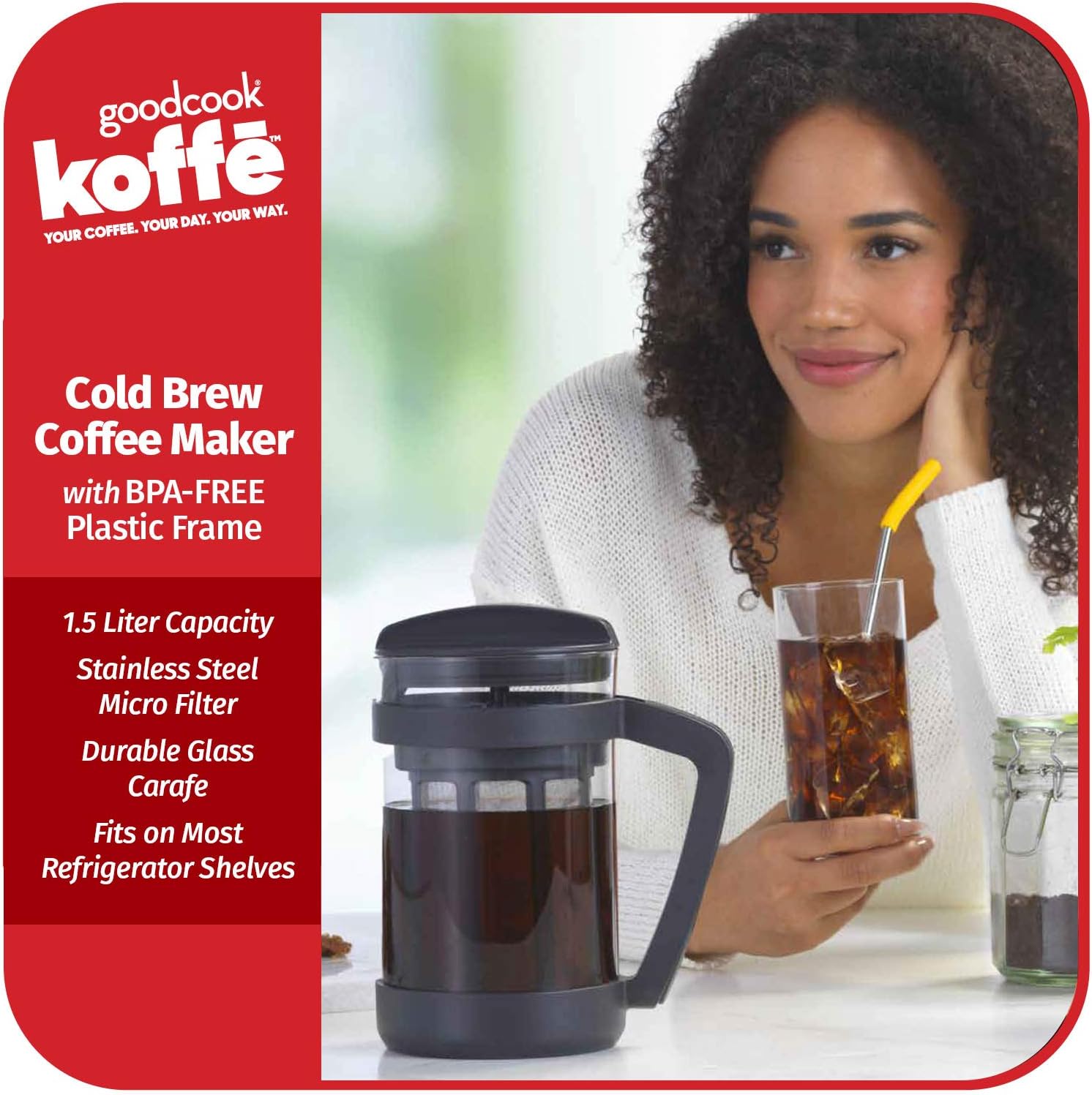 GoodCook Koffe 1.5L Glass Cold Brew Coffee Maker with BPA-Free Plastic Frame