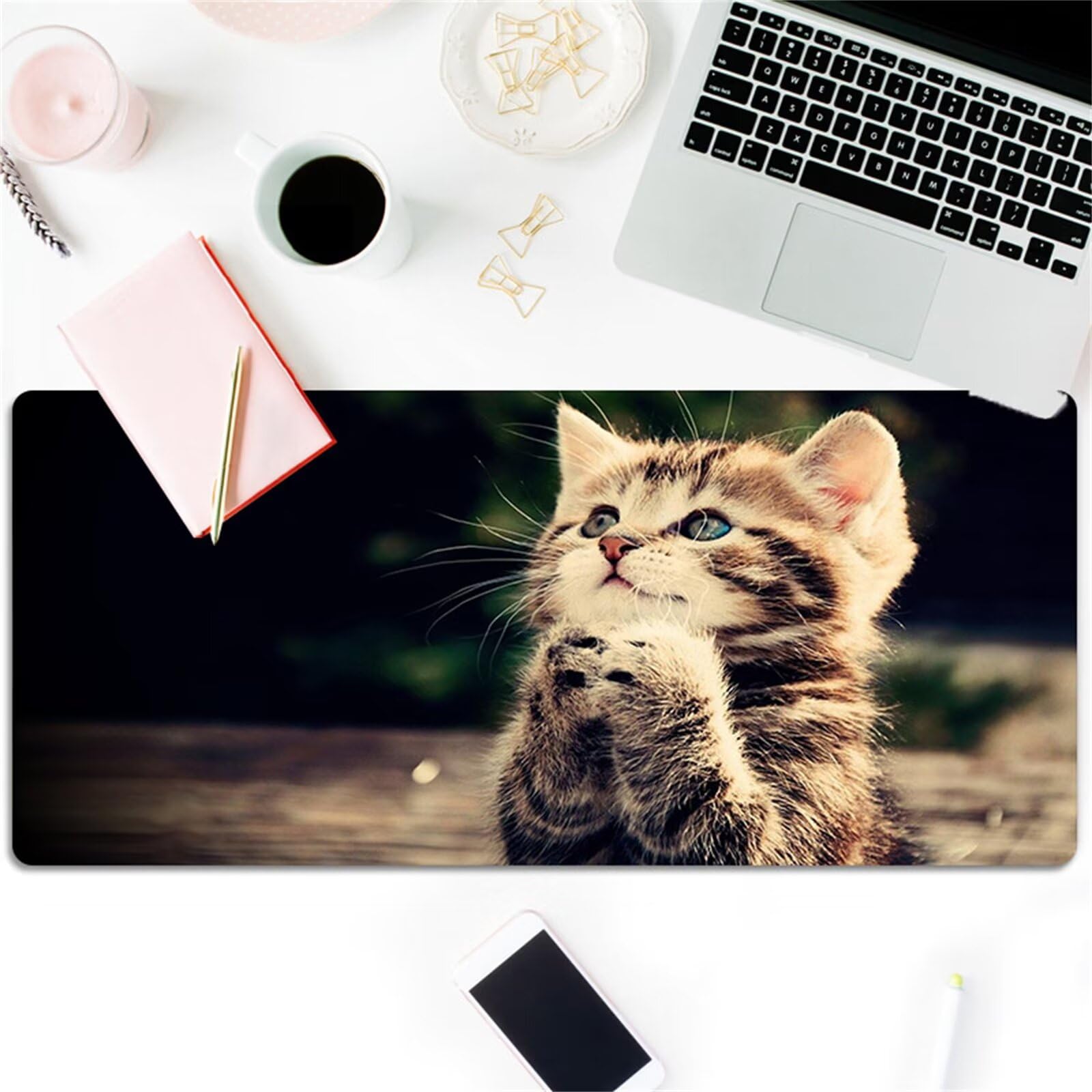 Tapis de Souris de Jeu Animaux Chat Mignon Tapis de Souris XXL 1000x500x2mm Grand éTendu Tapis de Bureau avec Base en Caoutchouc Antidérapant et Bords Cousus pour Clavier et Souris
