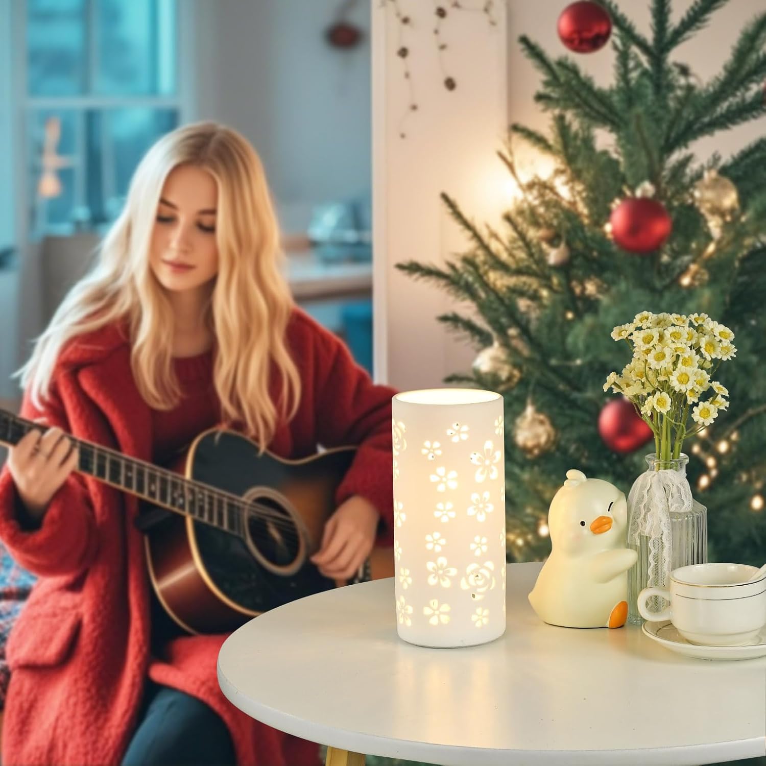 Lampwell Dana White Modern Ceramic Flower Carving Table Lamp for Living Room & Bedroom,Kids Night Ceramic Table Lamp,Φ3.54×H7.87IN,Bulb Excluded