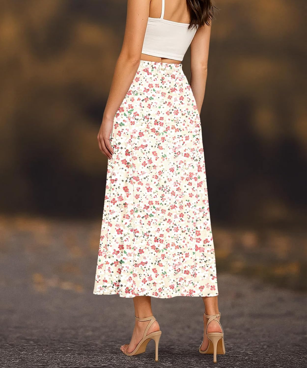 Long Skirts for Women Flowy Elastic High Waist Midi A-line Skirt for 2026 Casual Boho Trendy(Pink White Flo, Medium) - Image 2