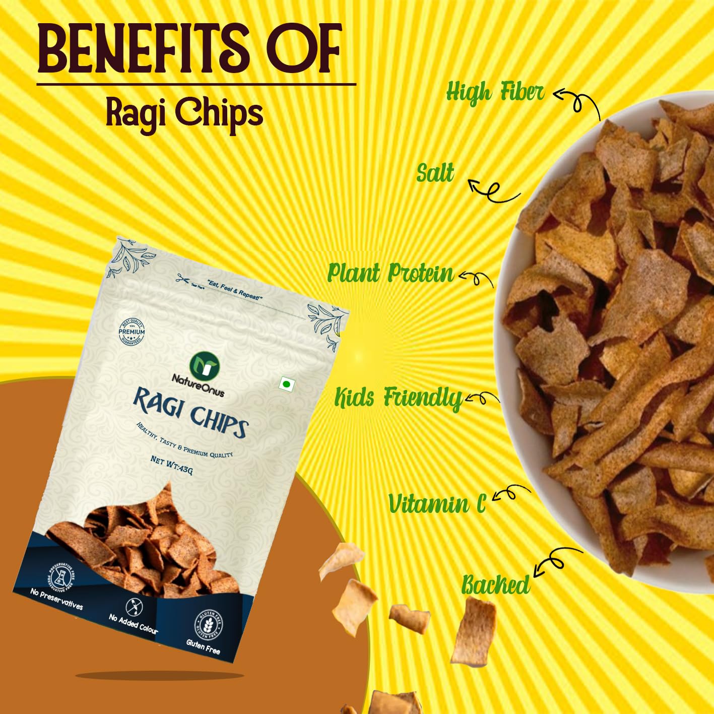 NatureOnus Ragi Chat Masala Chips 43gms x 3 | Finger Millets Chips | Perfect Snacking Chips- Made with Ragi (Finger Millet) | Millet-based Chips | High Protein Snacks 1