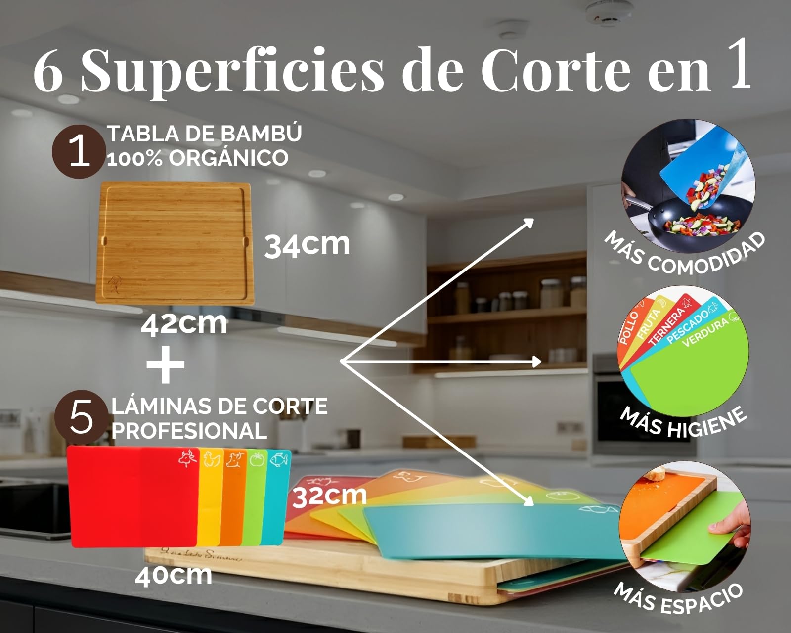 Tabla de Cortar Antibacteriana - 6 Tablas de Cocina en 1 - Tabla para Cortar Cocina - Tabla Cortar Bambú - Sin BPA - 5 Láminas para Evitar la Contaminación Cruzada - Qualis Summa