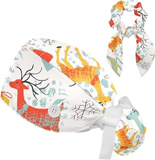 FVQL 2 Pieces Surgical Cap for Long Hair Scrub Cap with Hairband Nurse Cap, Christmas Pattern Gift and Deer Animal