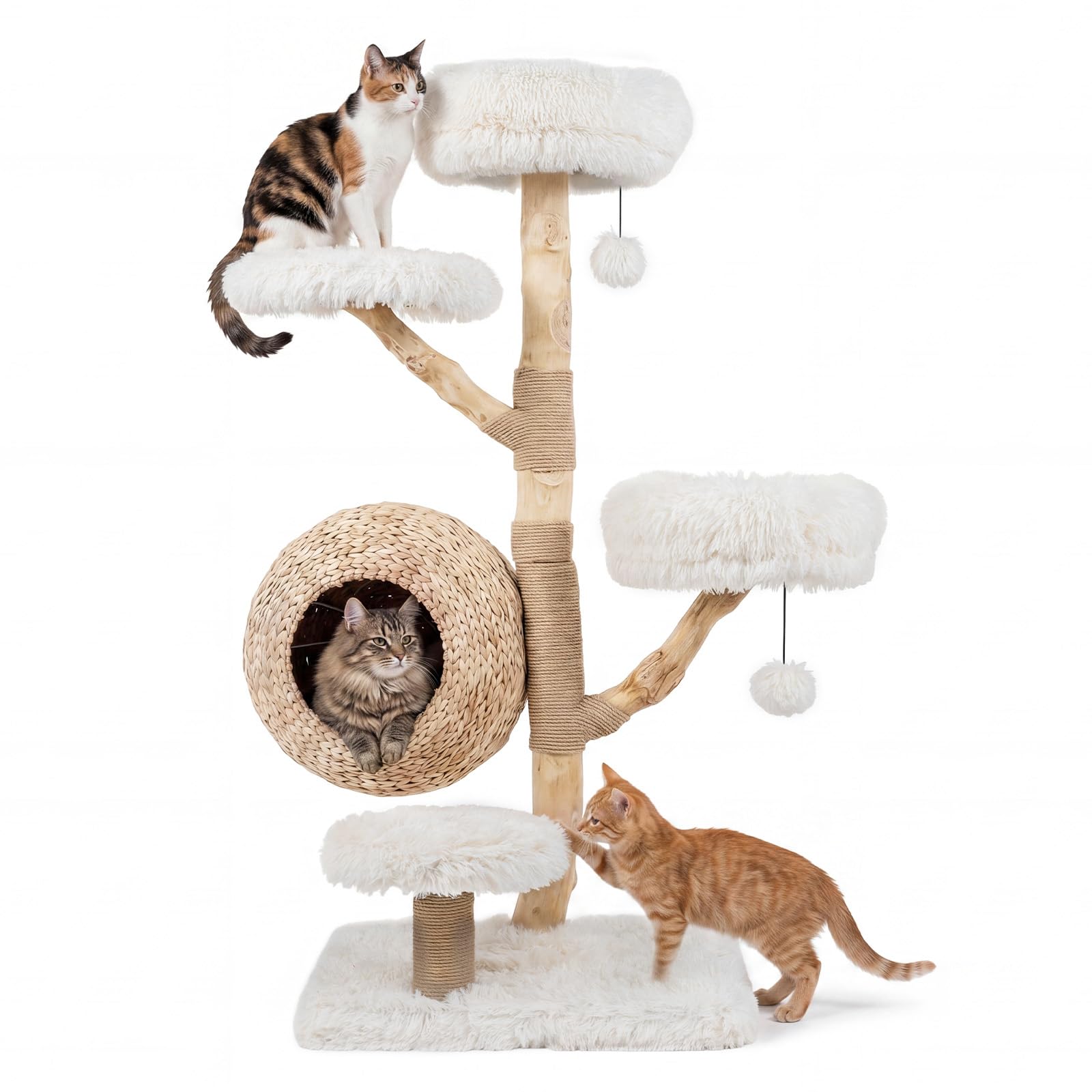 COSTWAY Wooden Cat Tree, Multi-Layer Cats Tower with Jute Scratching Posts & Top Perch, Modern Cat Activity Center for Indoor Cats Kittens (59 x 59 x 134cm, White)