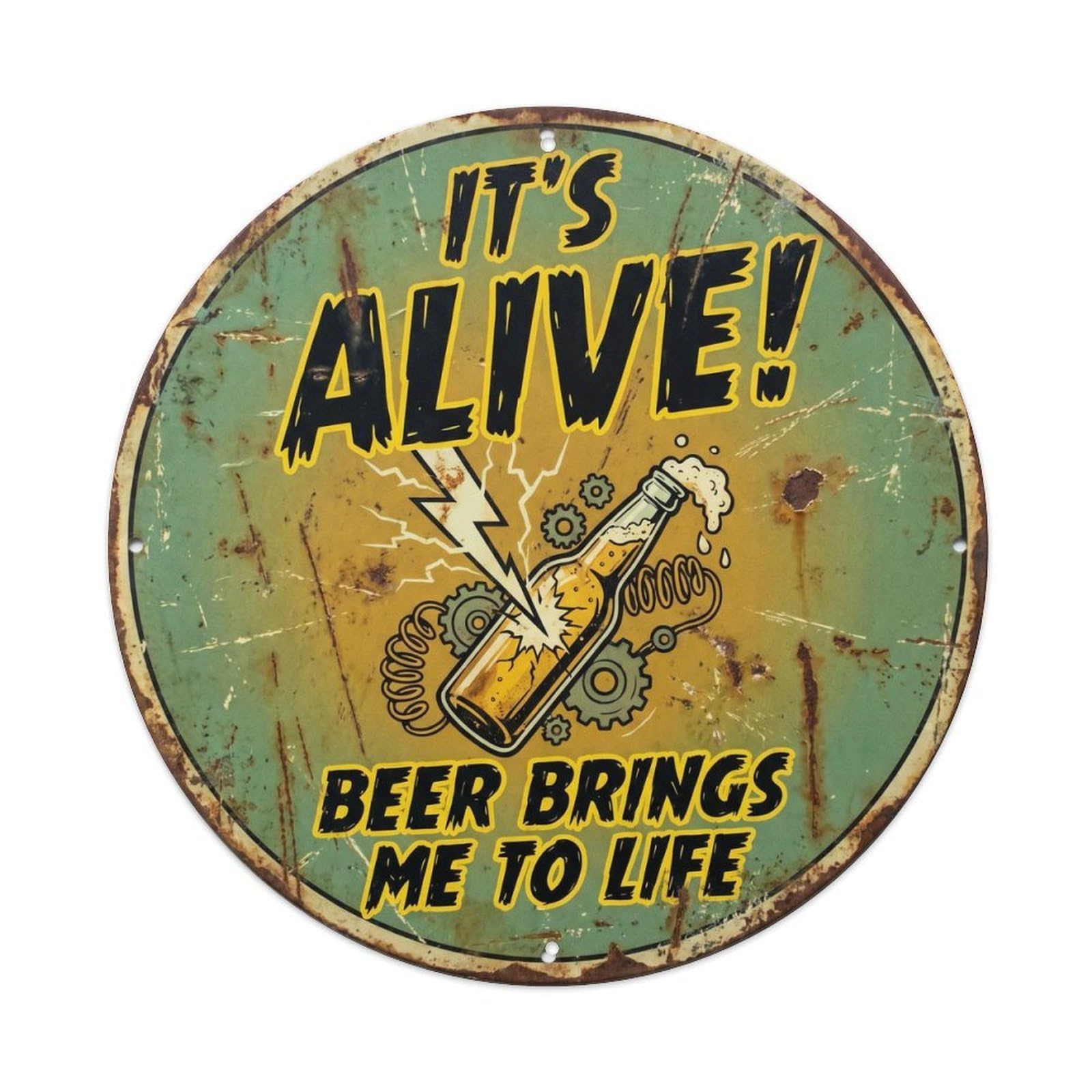 Retro Bar Style Frankenstein Electric Garage Beer Metal Tin Sign Plaque Wall Decor for Cafe, Club, Garden Round Metal Poster 8x8Inch