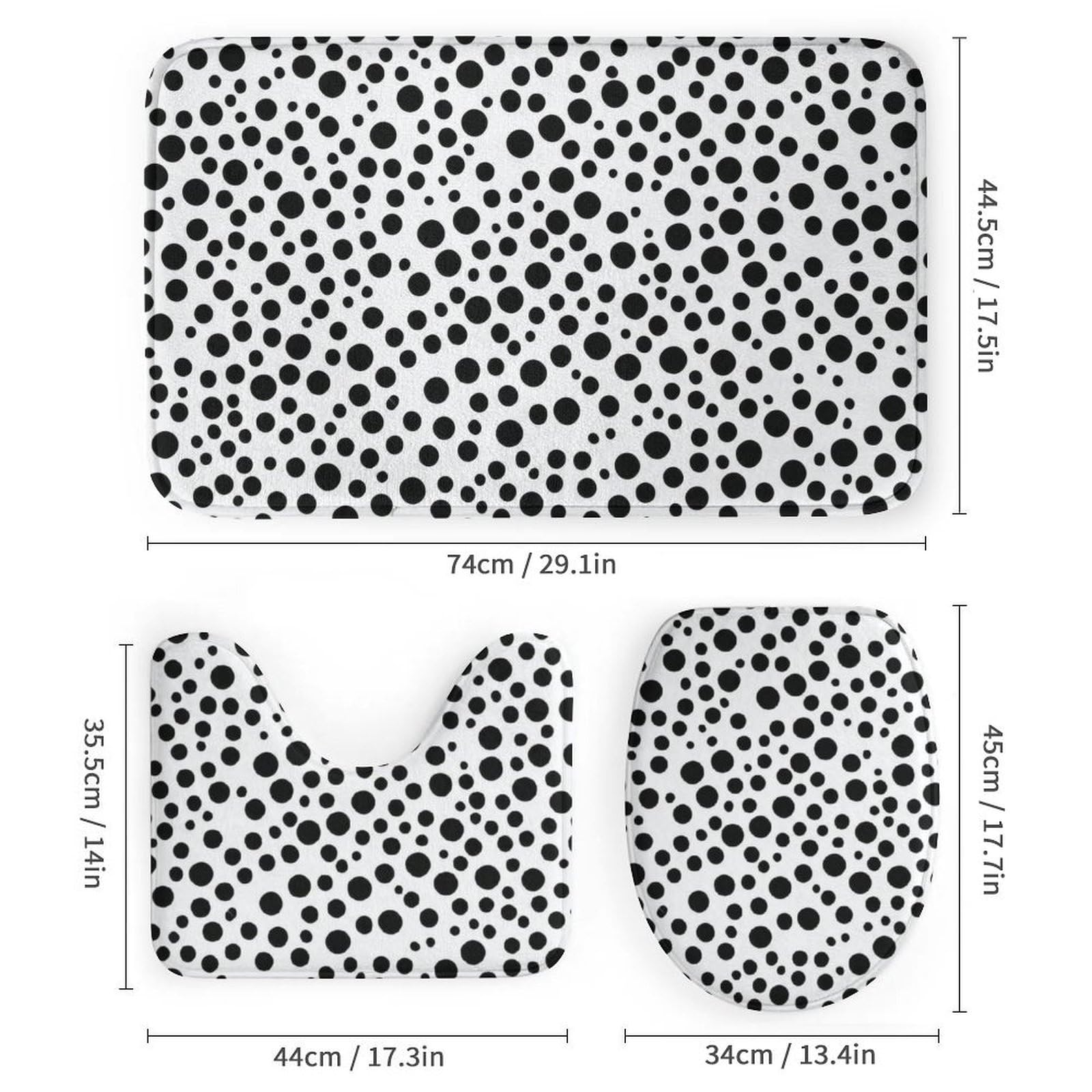 Black and White Dot Printed Pattern Print Four Piece Bathroom Set 183 * 183cm Shower Curtain, Non-Slip Floor Mats, U-Shaped Mat, and Toilet Lid Cover
