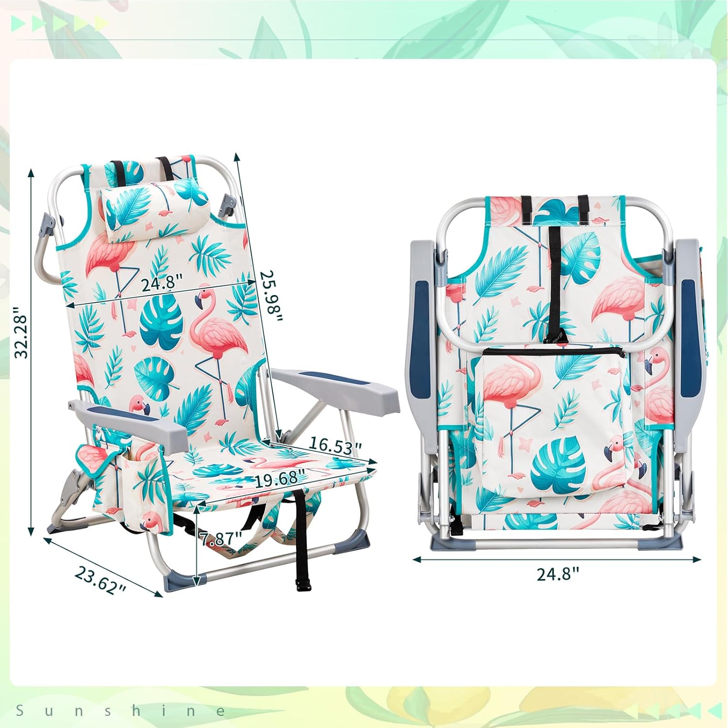 Vasitelan Outdoor Folding Backpack Beach Chair with 5 Positions, Towel bar, Cooler Pouch, Cup Holder,Folding Beach Chair with Backpack Straps (Flamingo, Short)