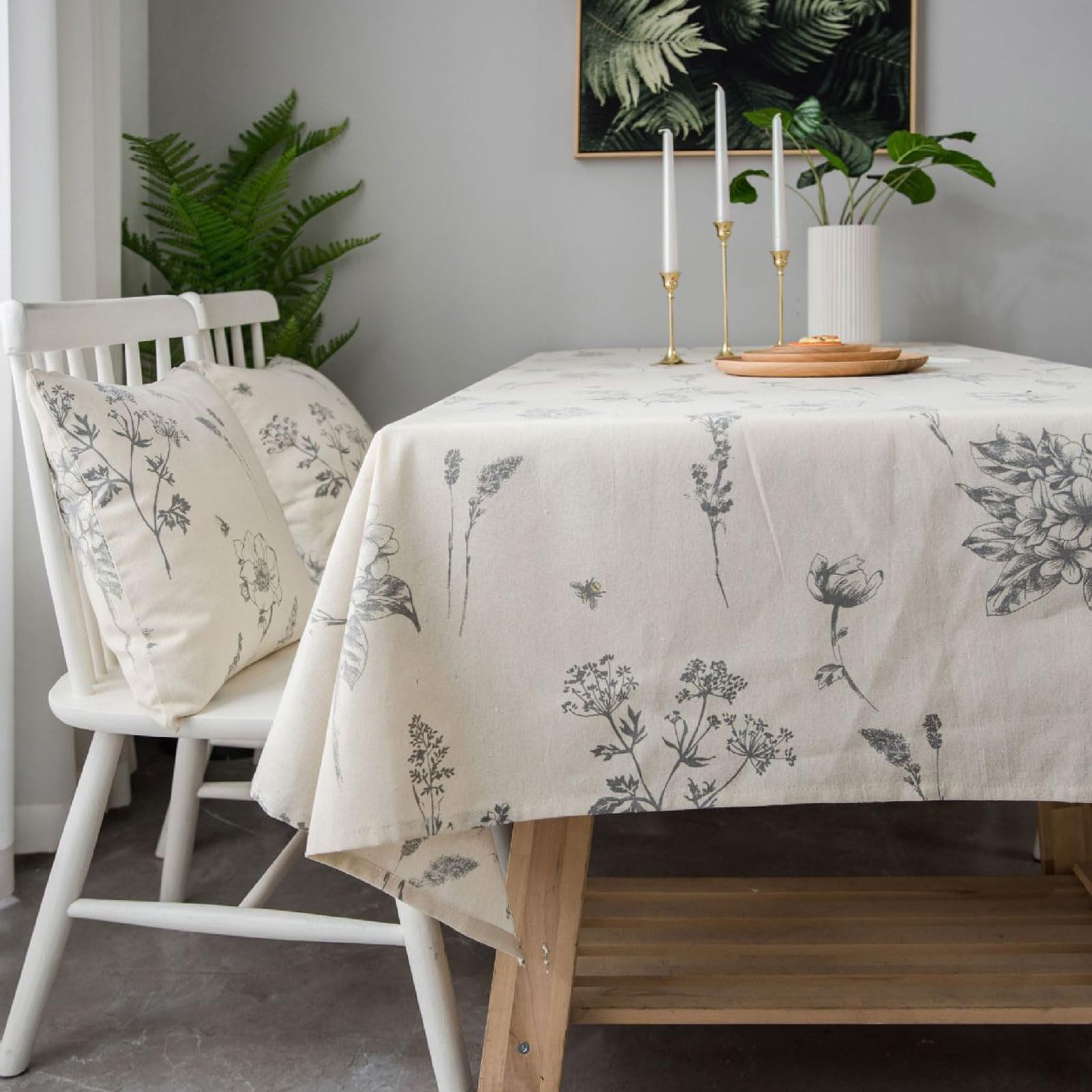 Mantel de Lino de Algodón, Mantel Rectangular con Estampado Floral Estilo Boceto, Manteles Antimanchas Beige, Manteles de Mesa Modernos de Tela para Mesa de Cocina (B 140x300cm)