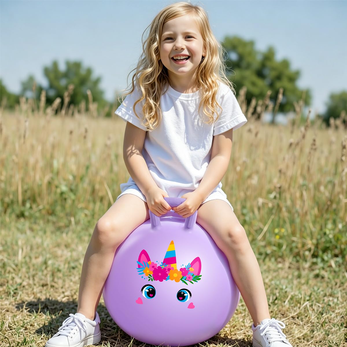 INPODAK Violett Einhorn Hüpfball für Kinder rutschfest Space Hopper 100 KG Belastbar Sprungball mit Griff Aufblasbarer Hopper Ball mit Pumpe 18 Zoll Hüpfball für Kinder 3-8Jahre Drinnen & Draußen