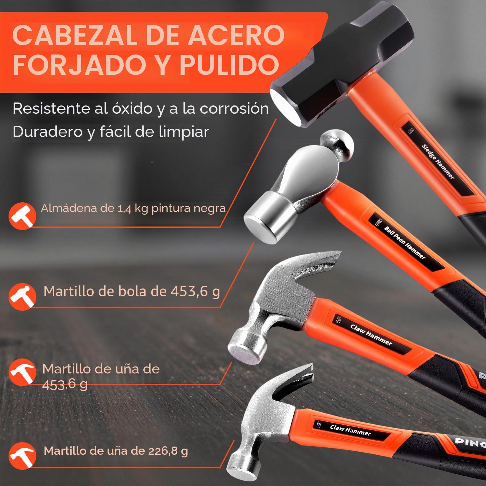 PINOZE Juego de Mazo de Martillo de 6 Piezas con Mango de Fibra de Vidrio Cabeza de Acero Forjado, Martillos de Bola de 16oz | Mazo de Goma de 32oz | Almádena de 3lb | Martillo de Garra de 16oz y 8oz