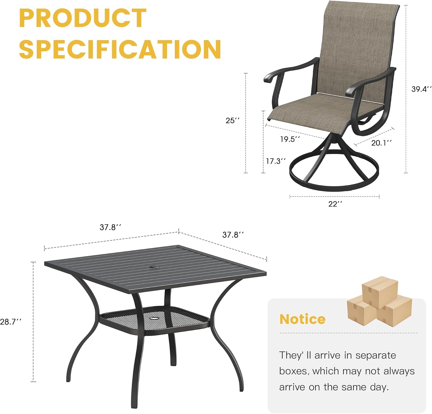 VICLLAX 5 Pieces Patio Dining Set for 4, Outdoor Furniture Set Includes 37.8" Square Outdoor Table and 4 Patio Swivel Chairs for Lawn Garden, Black Tabletop and Mixed Brown Fabric