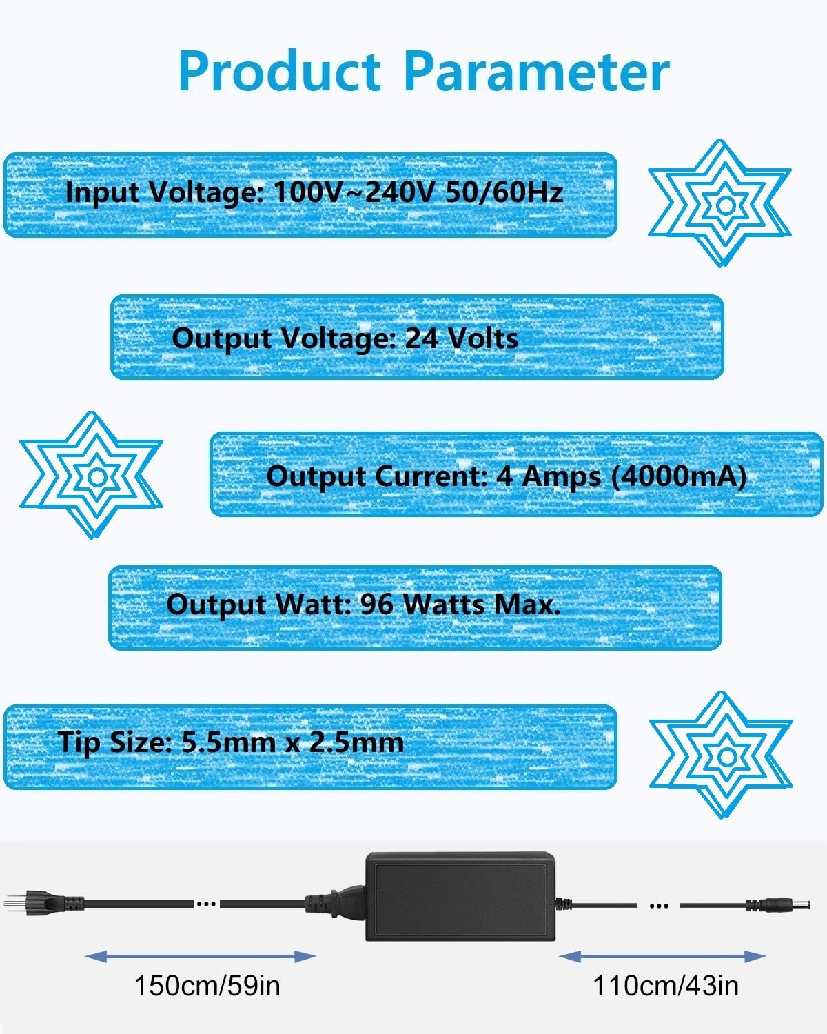 Alimentatore 24V DC Adattatore CA universale 4A, adattatore 100-240 50/60Hz a trasformatore 24 Volt 4Amp, Cavo di alimentazione DC 24V, Spina da 5,5 mm x 2,5 mm