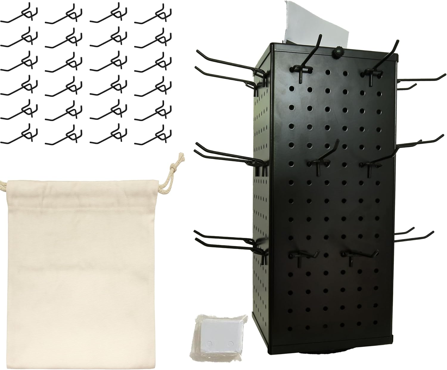 Rotating Pegboard Display Stand with 24 Hooks, Removable Top, Signboard, Canvas Carry Bag & Pricing Cards – Portable 4-Sided Metal Spinner for Jewelry & Craft Shows – All-in-One Vendor Display Kit