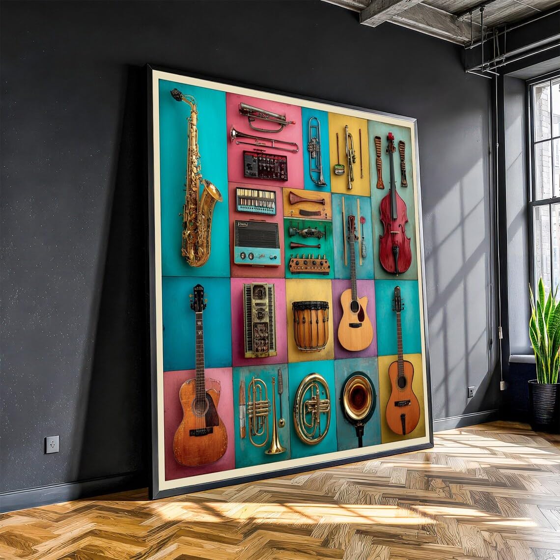 XINBAO Colorful Instruments Canvas Wall Art, Art Style Painting with Guitars, Saxophone, Drums for Living Room or Studio Decor(55x55cm/Frameless)