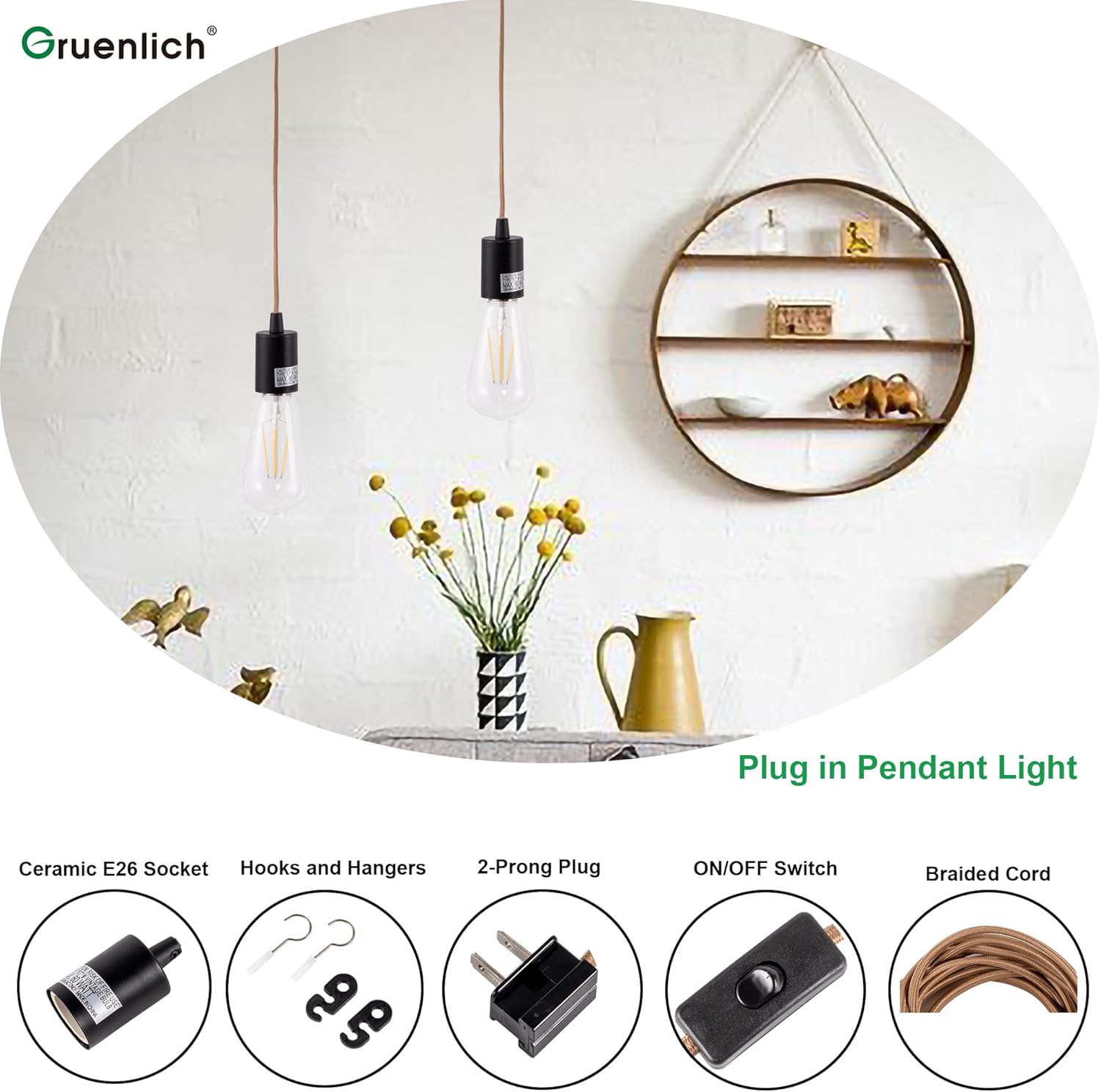 GRUENLICH 3-Pack Plug in Pendant Light Kit, Farmhouse Hanging Lights with Plug in Cord, 15FT Cord with On/Off Switch, DIY Hanging Lamp for Living Room, Bronze