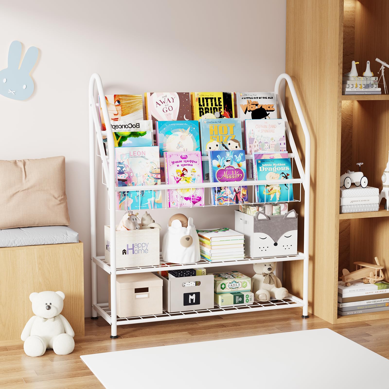 Rainbow Tree 5-Tier Metal Kids Bookshelf, Sling Bookshelf with Toy Organizer, Children Bookcase for Playroom Nursery Bedroom, Montessori Classroom Shelf