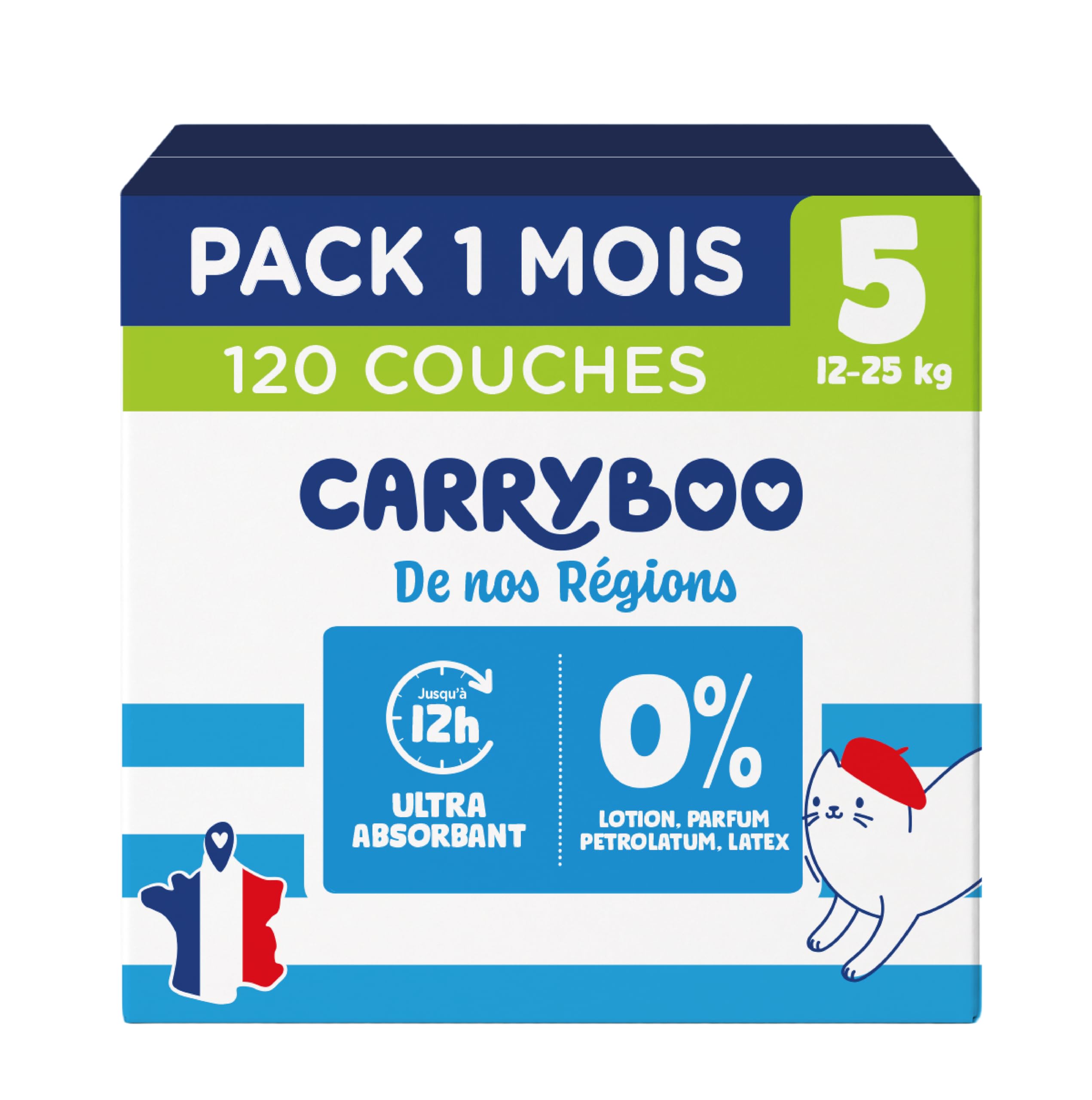 Carryboo De Nos Regions - Pieluszki Rozmiar 5 7-18 kg - Pieluszki jednorazowe Pochodzenie Francja - >Pielęgnacja niemowląt - lokalna i ekologiczna - Naturalny skład - Dostępna cena - 120 przedmiotów -