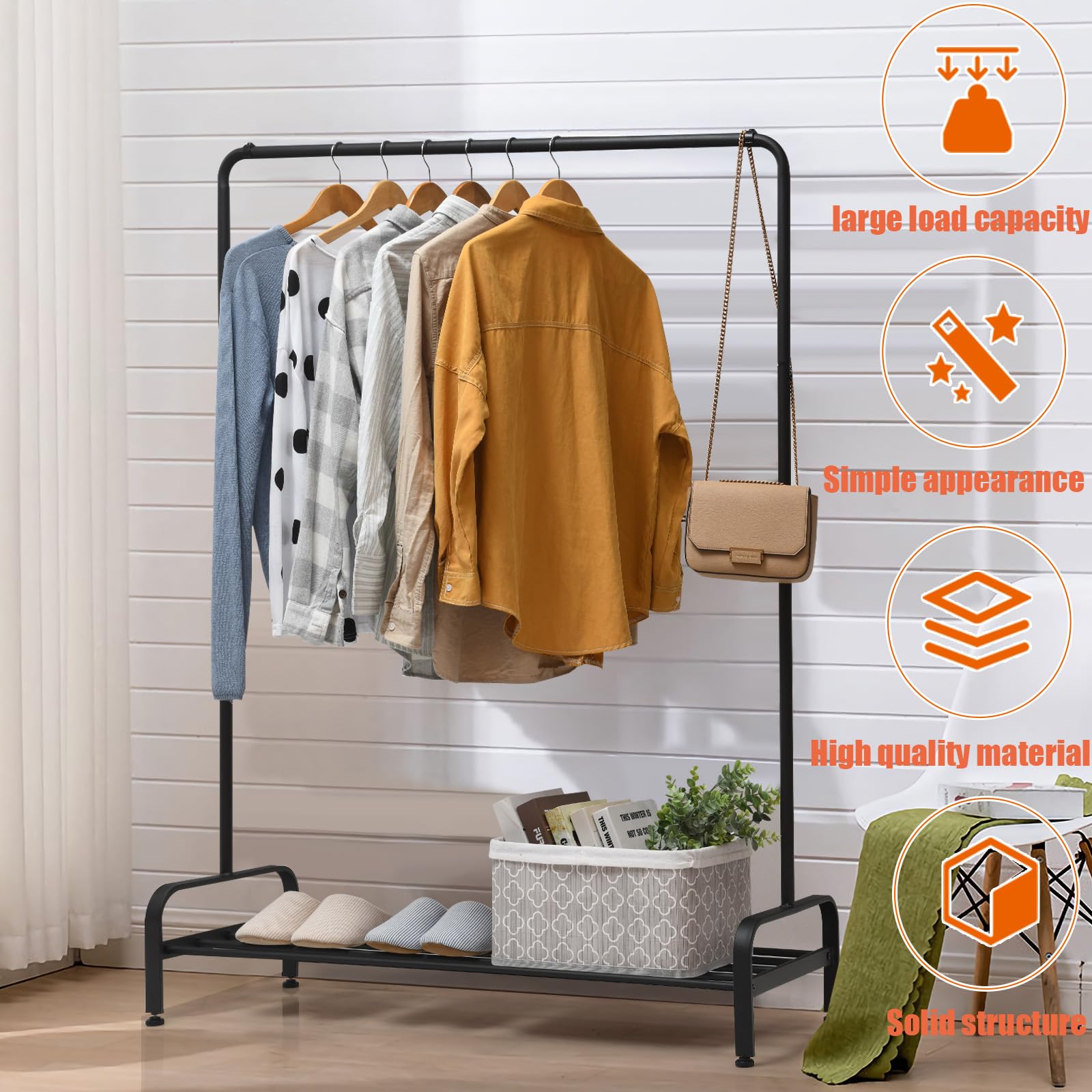 HOMASIS Stand Appendiabiti da Terra, Porta Abiti con Ripiano e 2 Ganci, Scaffale Portaoggetti Multifunzionale, Stender Salvaspazio per Camera da Letto, Negozio di Abbigliamento, 112 x 42 x 145cm, Nero