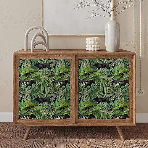 Miniatura 5 de Papel tapiz de 18 x 236 pulgadas, diseño de plantas tropicales verdes, pantera negra, fácil de despegar, autoadhesivo, extraíble, para armario de