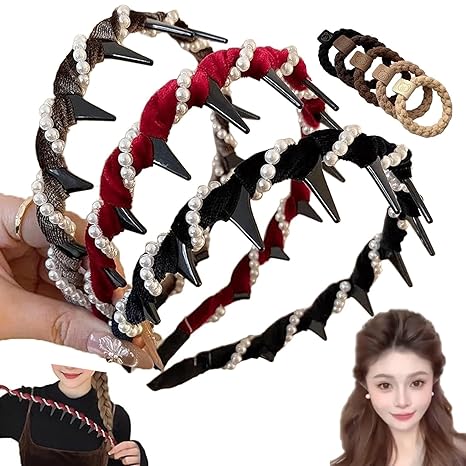 Basically Retro High Skull Pearl Headband, Headbands for Women, Vintage High Cranium Artificial Pearl Hairband with Teeth, Elegant Wide Beaded Bling Headbands for Wedding, Party, Night Out (3pcs-A, 1)